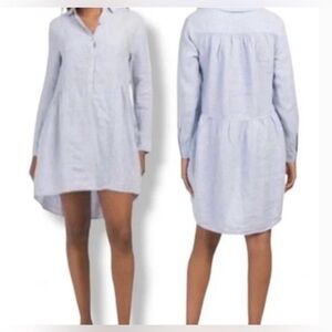 Halston 100% Linen Long-Sleeved Hi-Lo Mini Button-Up Dress Sz L